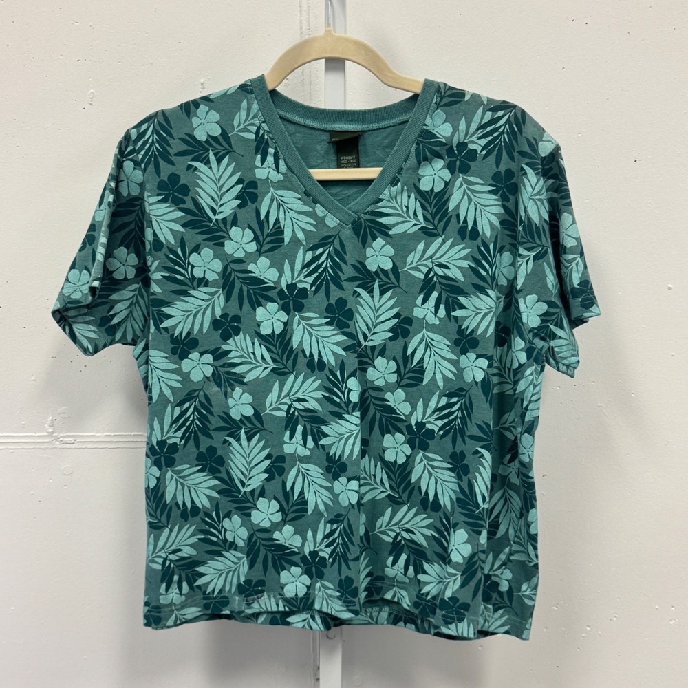 L.L. Bean Teal Tropical Floral Palm Leaf V-Neck Cotton T-Shirt Med Reg USA